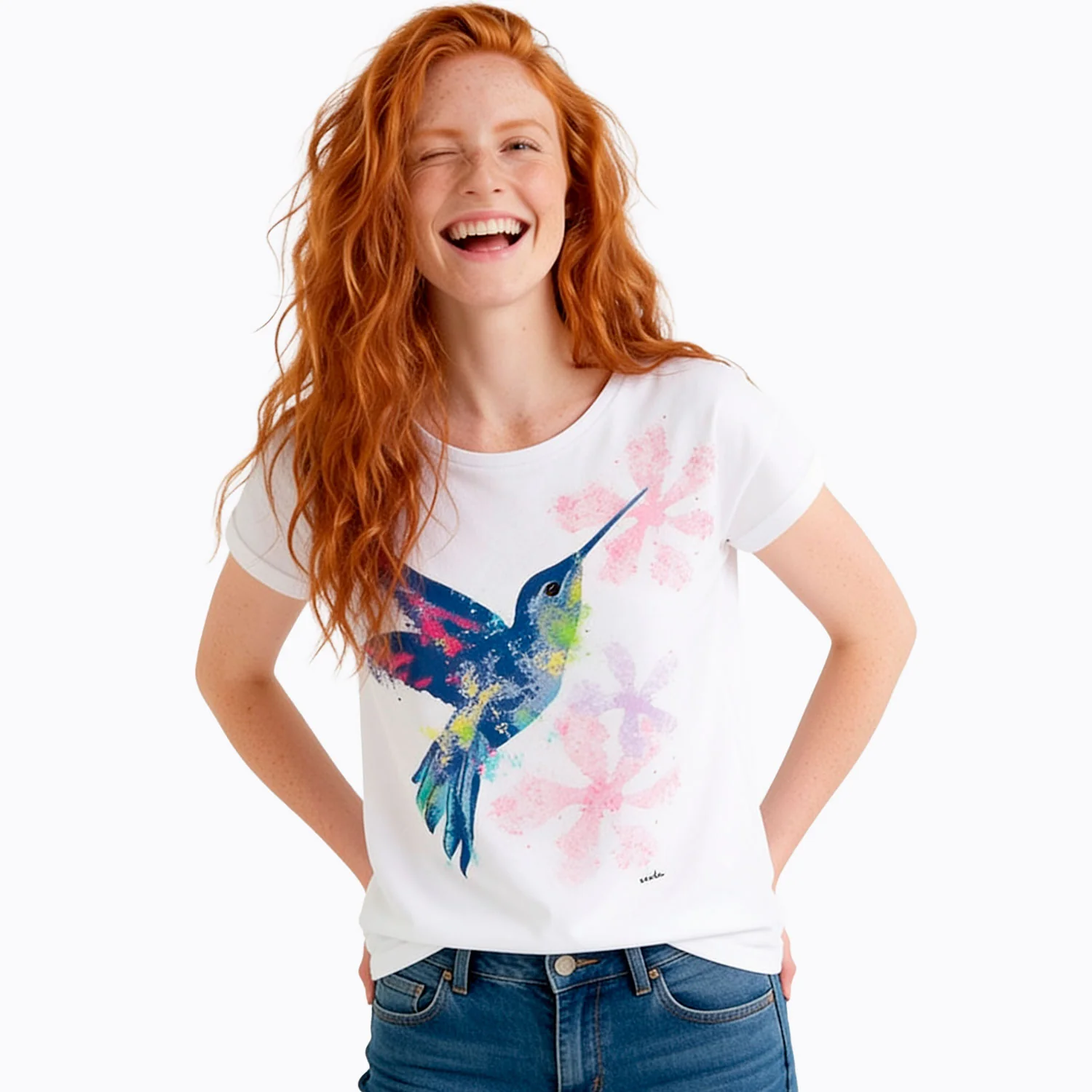 Damski T-shirt z krótkim rękawem biały z kolibrem - Image 2