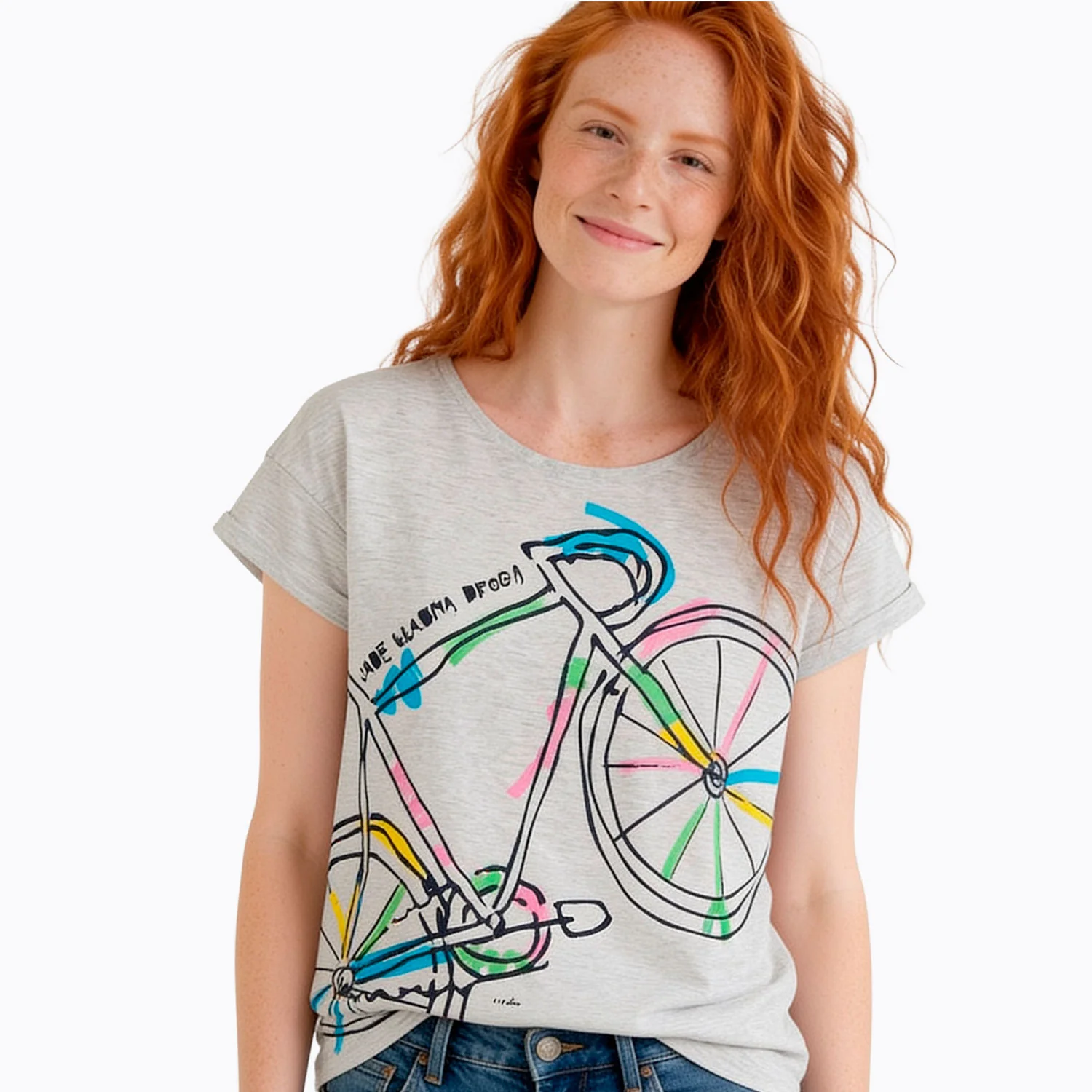 Damski T-shirt z krótkim rękawem szary z rowerem - Image 2