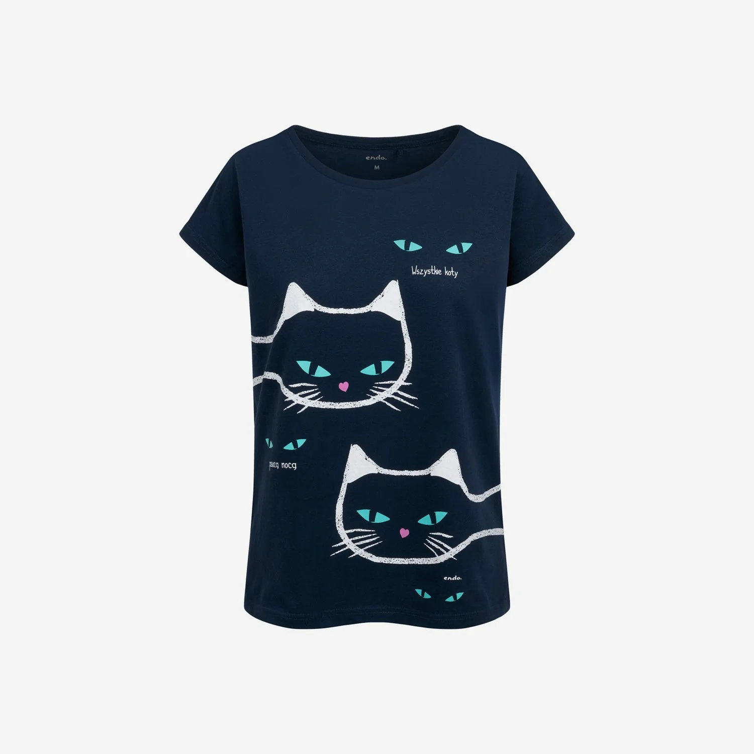 Damski t-shirt z krótkim rękawem, z kotami, Ciemnoniebieski