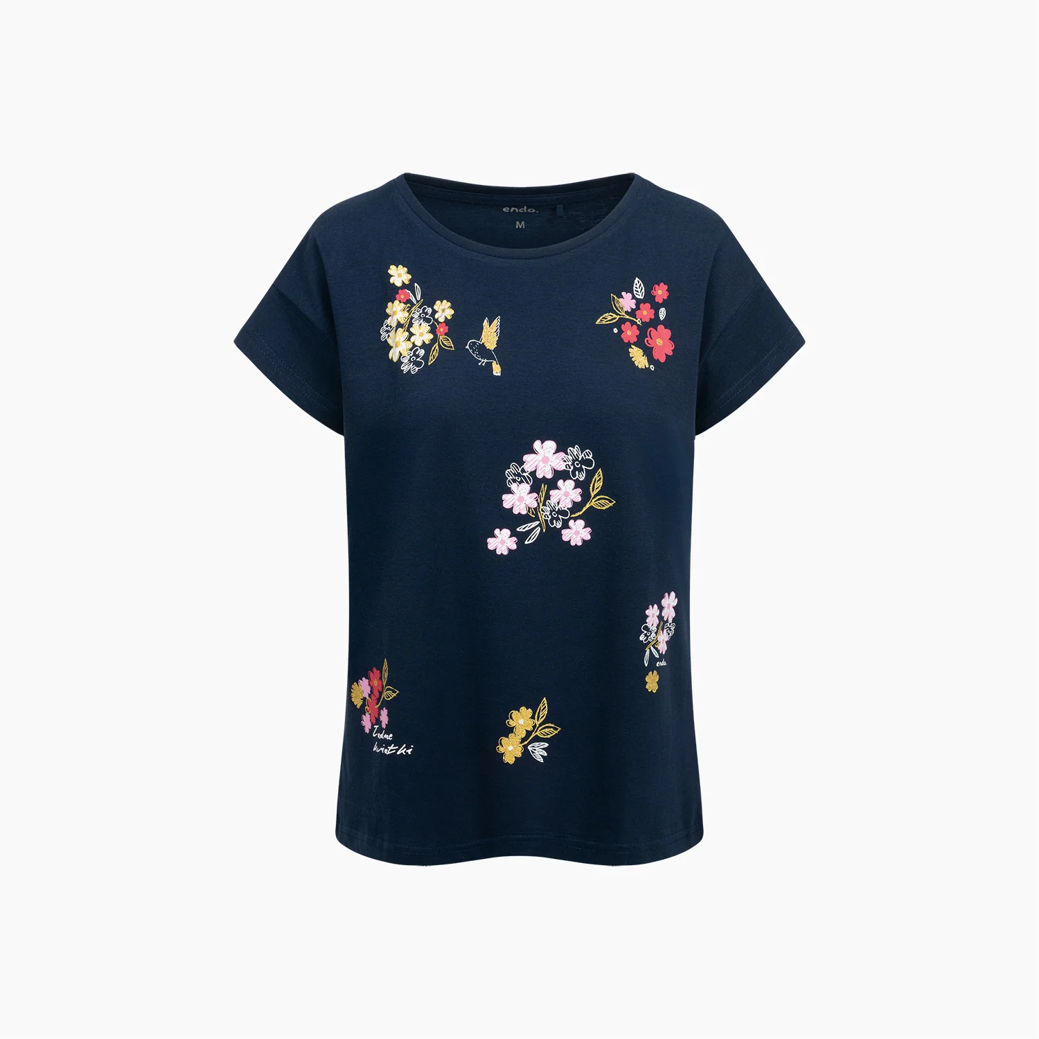 Damski t-shirt z krótkim rękawem, z kwiatkami, granatowy