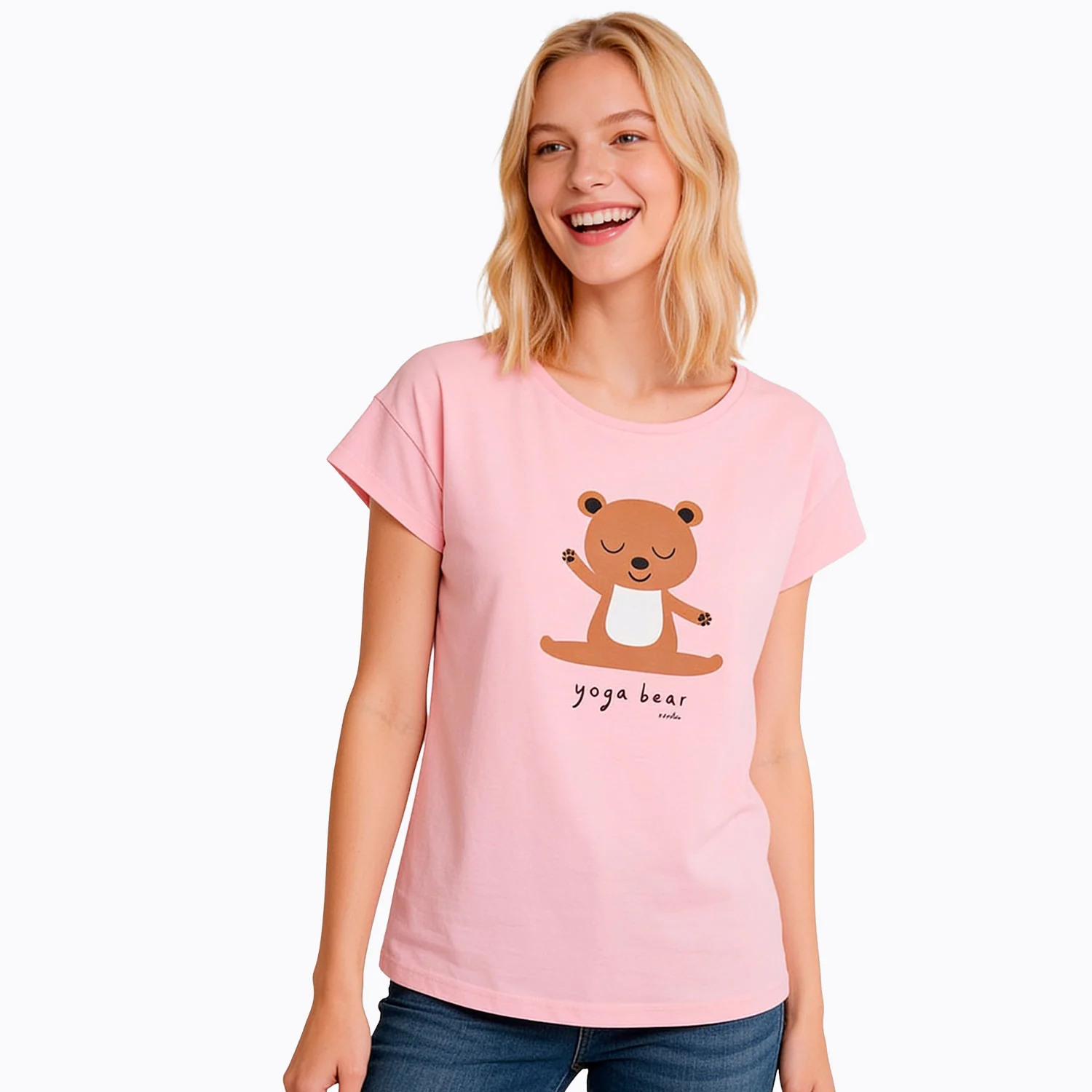 Damski t-shirt z krótkim rękawem, z misiem, różowy - Image 2