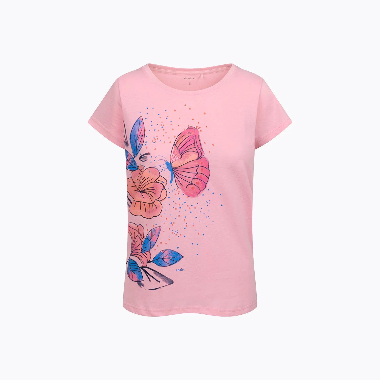 Damski t-shirt z krótkim rękawem, z motylem i kwiatami, różowy