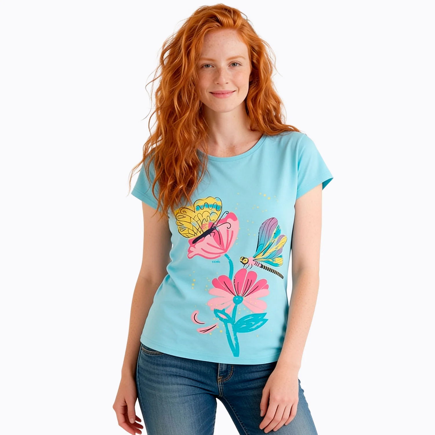 Damski t-shirt z krótkim rękawem, z motywem kwiatowym, niebieski - Image 2