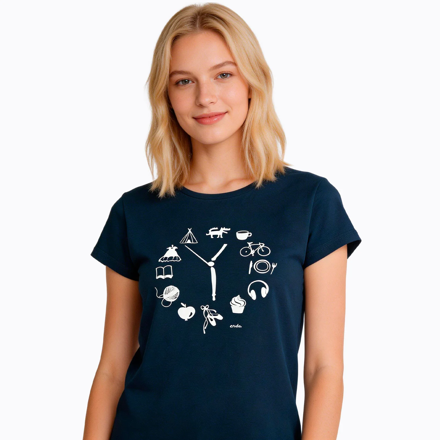 Damski t-shirt z krótkim rękawem, z zegarem, granatowy - Image 2