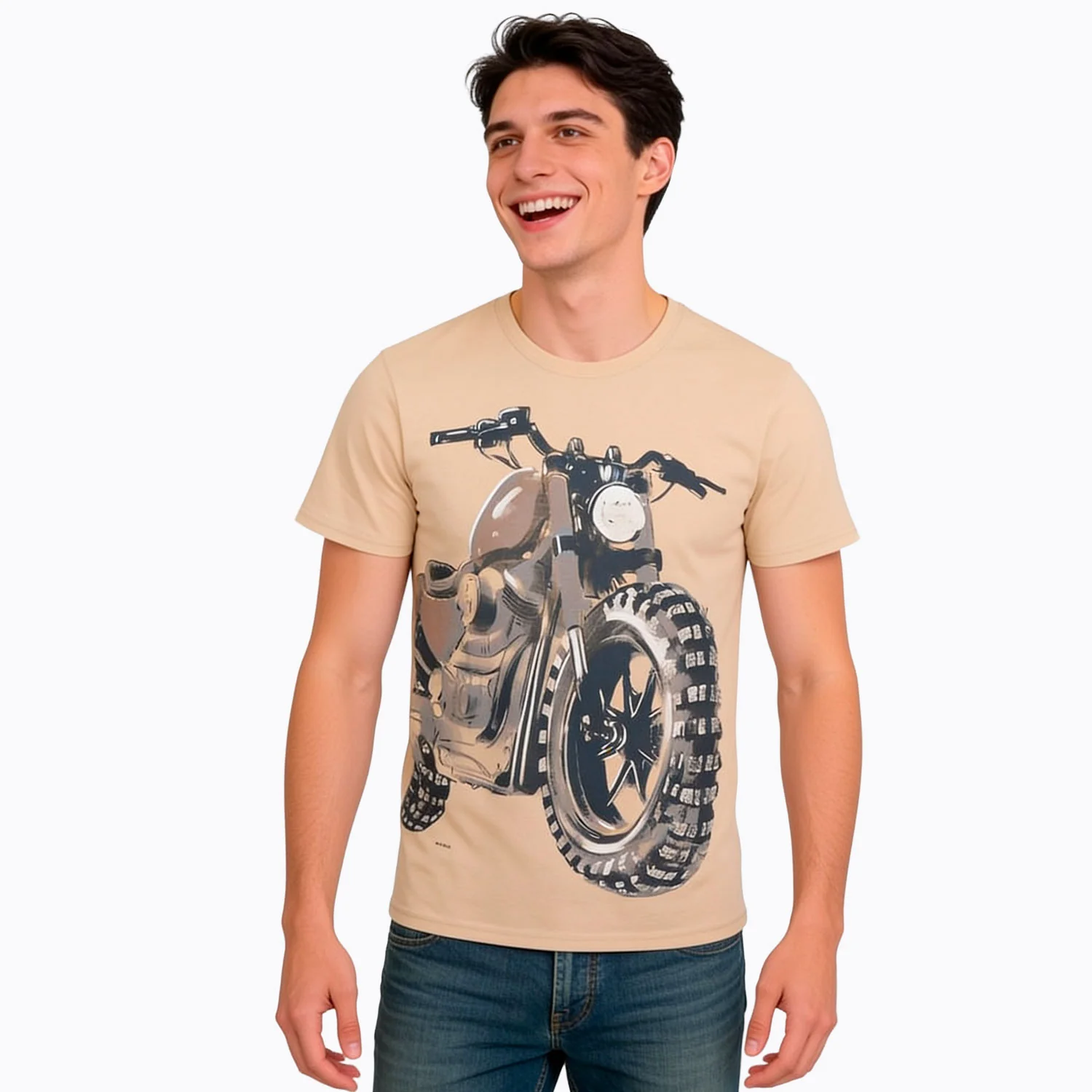 Męski t-shirt z krótkim rękawem, z motocyklem, beżowy - Image 2
