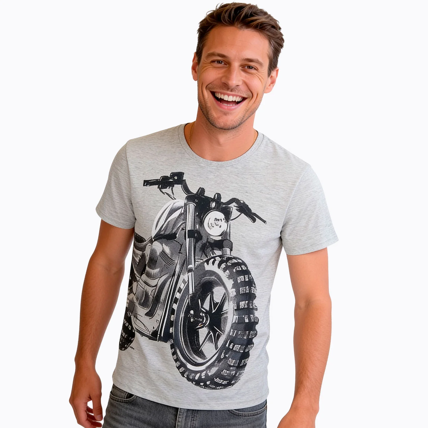 Męski t-shirt z krótkim rękawem, z motocyklem, szary - Image 3