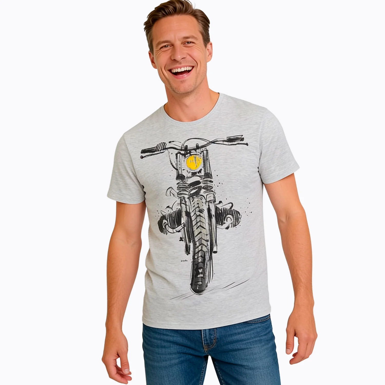 Męski t-shirt z krótkim rękawem, z motocyklem, szary - Image 2