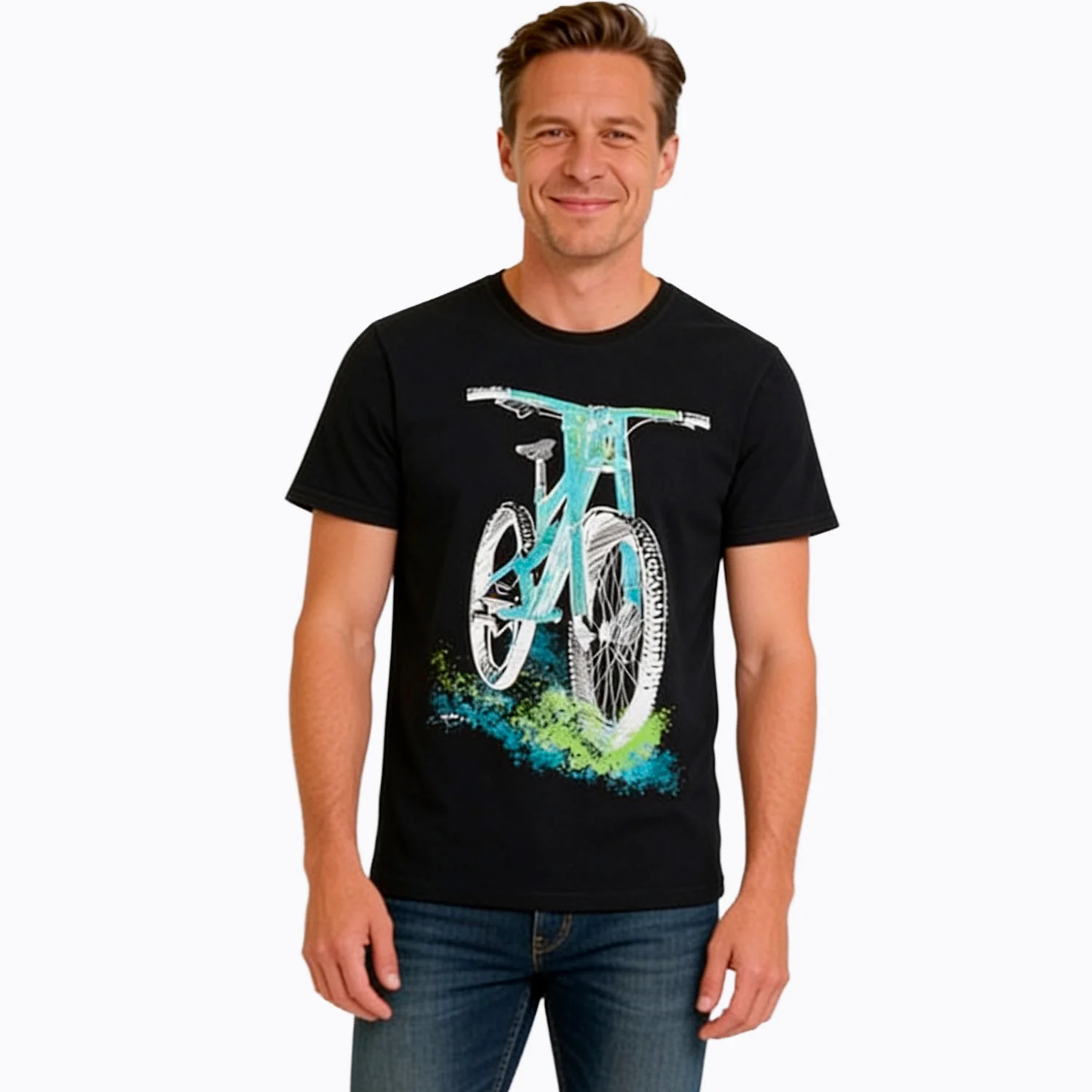 Męski t-shirt z krótkim rękawem, z motywem rowerowym, czarny - Image 2