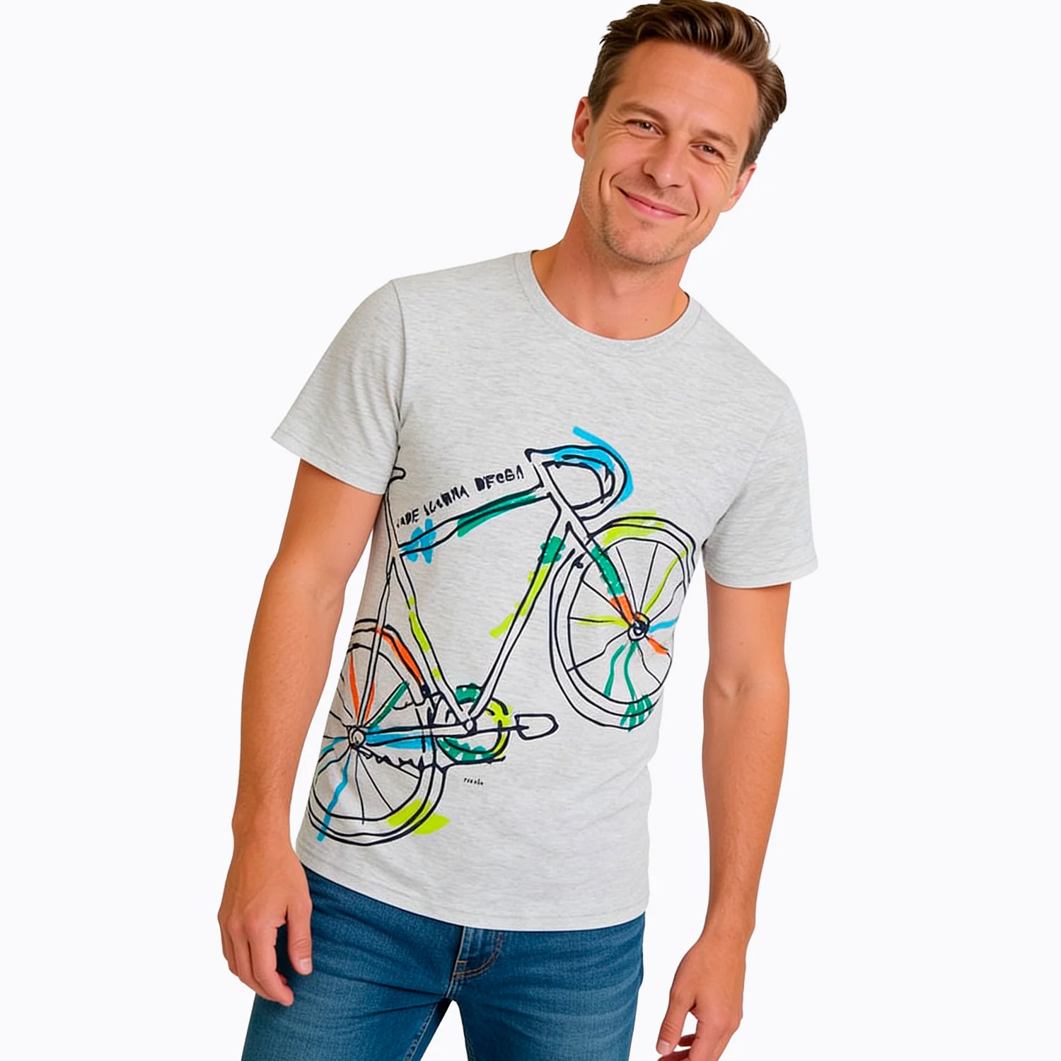 Męski t-shirt z krótkim rękawem, z rowerem, szary - Image 2