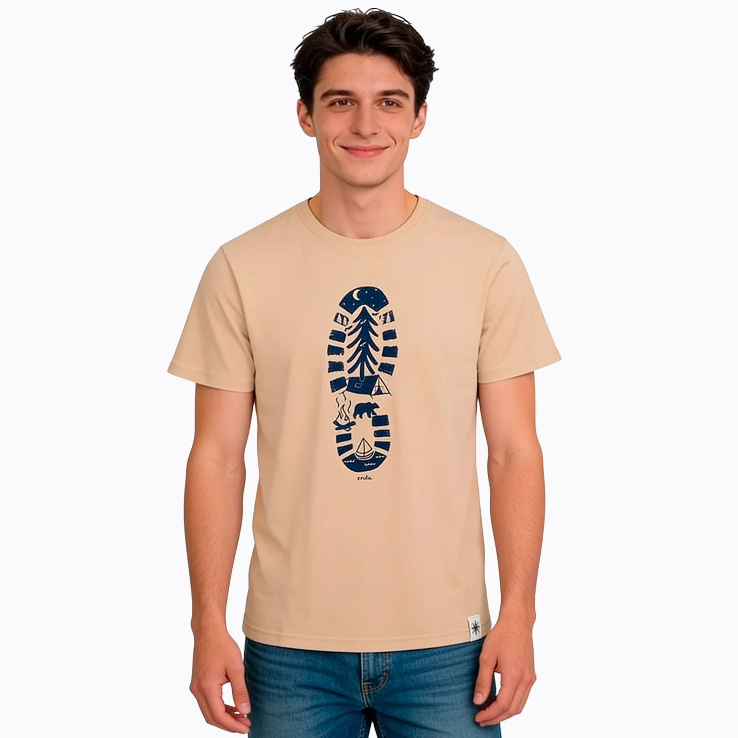 Męski t-shirt z krótkim rękawem, z traperem, beżowy - Image 3