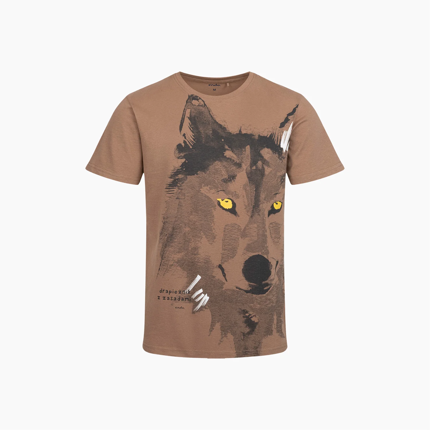 Męski t-shirt z krótkim rękawem, z wilkiem, brązowy