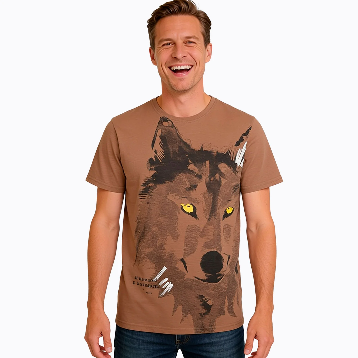 Męski t-shirt z krótkim rękawem, z wilkiem, brązowy - Image 2