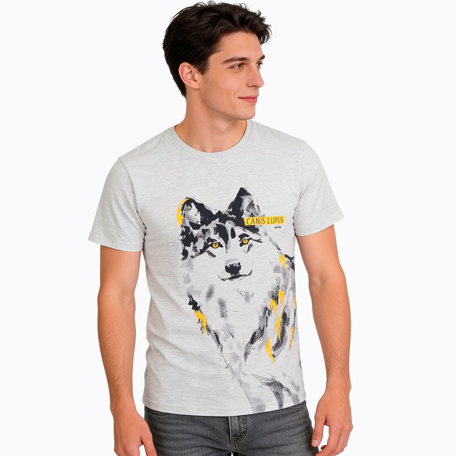Męski t-shirt z krótkim rękawem, z wilkiem, szary - Image 2