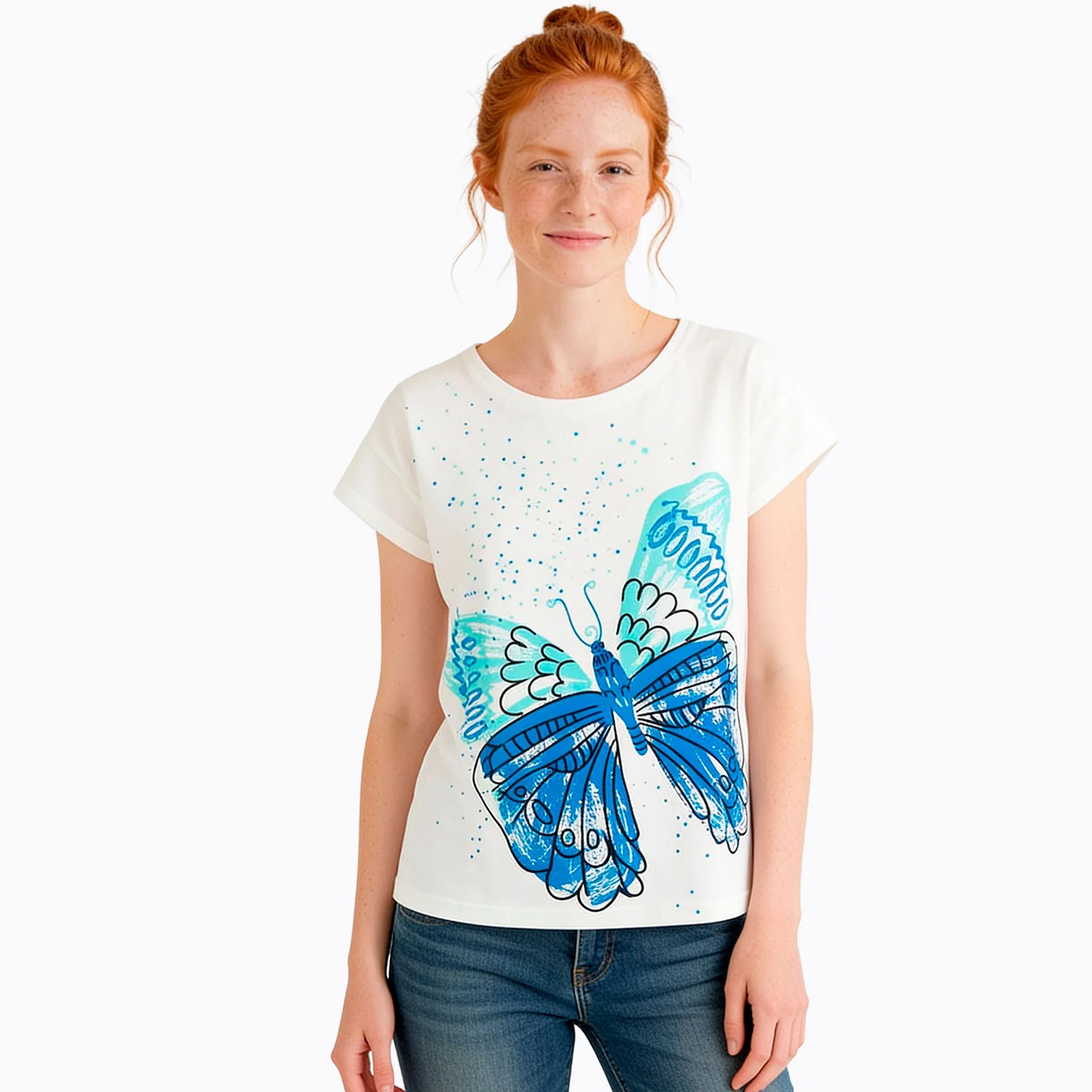 Damski t-shirt z krótkim rękawem, biały z motylem - Image 2
