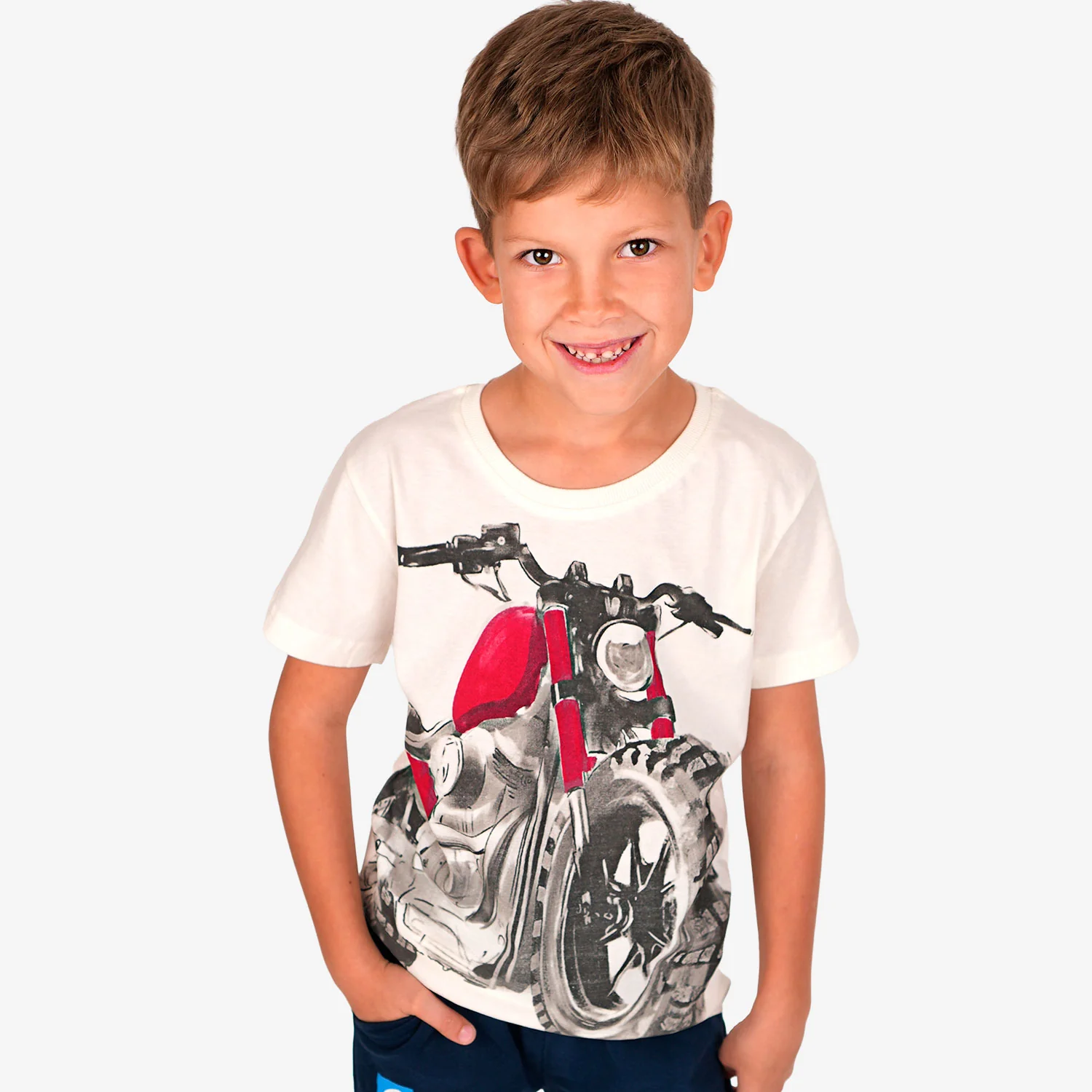 T-shirt z krótkim rękawem dla chłopca, z motocyklem, biały 9-13 lat - Image 2