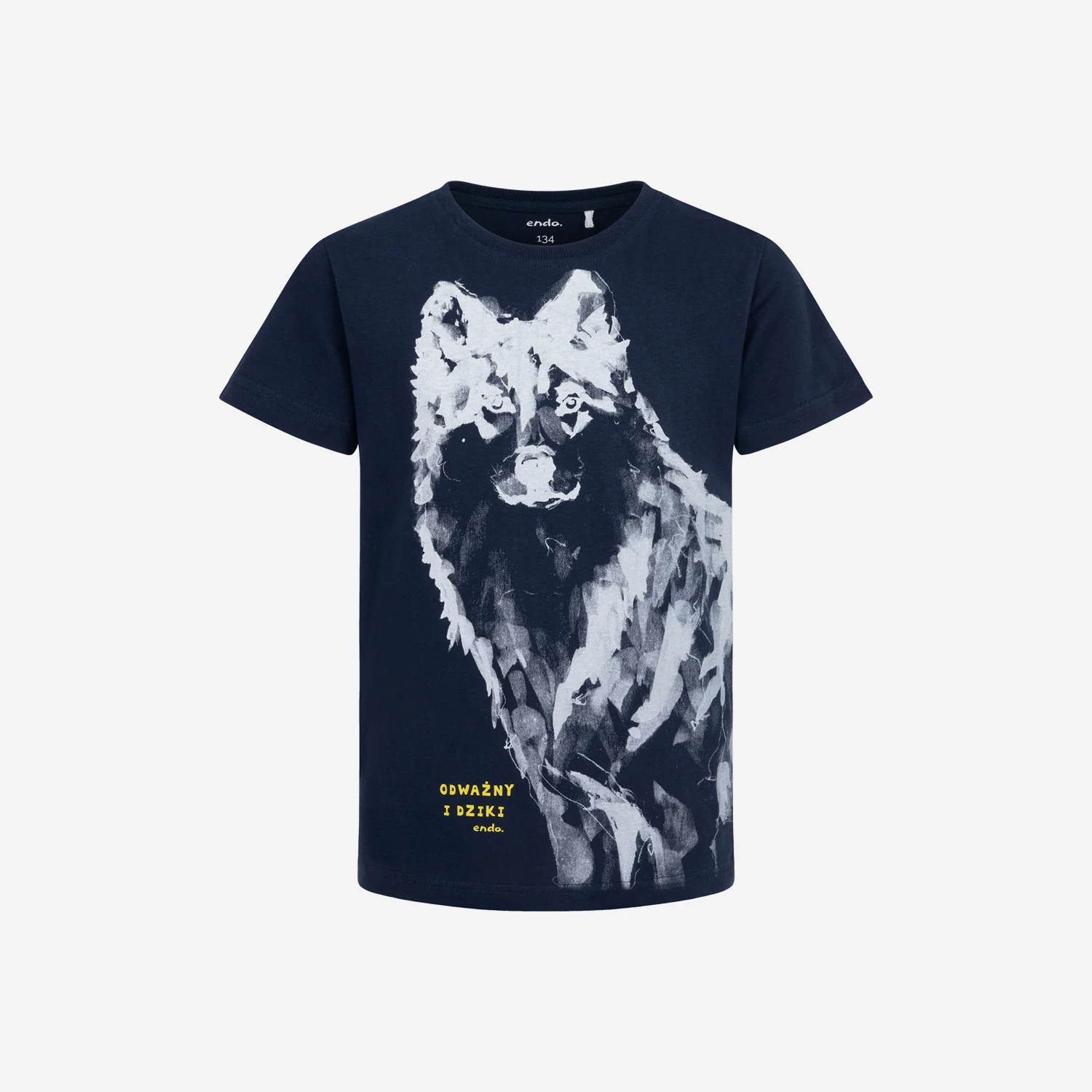 T-shirt z krótkim rękawem dla chłopca, z wilkiem, granatowy 9-13 lat