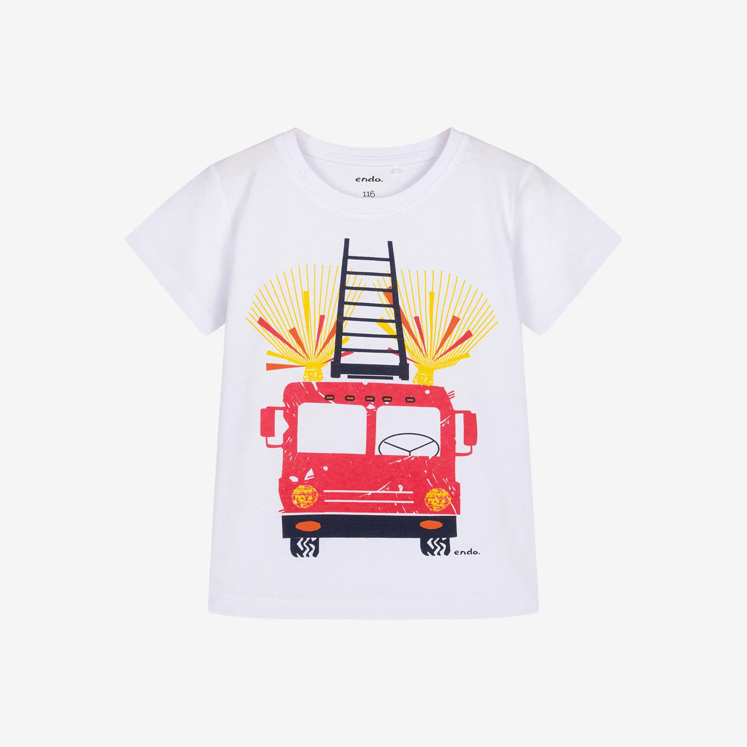 T-shirt z krótkim rękawem dla chłopca, z wozem strażackim, biały 2-6 lat
