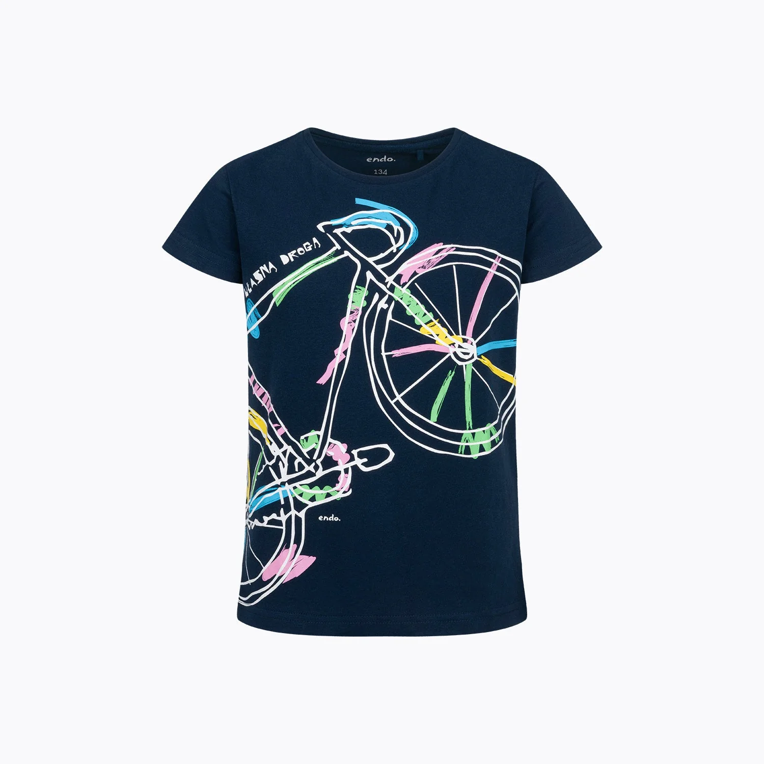 T-shirt z krótkim rękawem dla dziewczynki 9-13 lat, granatowy "rower"