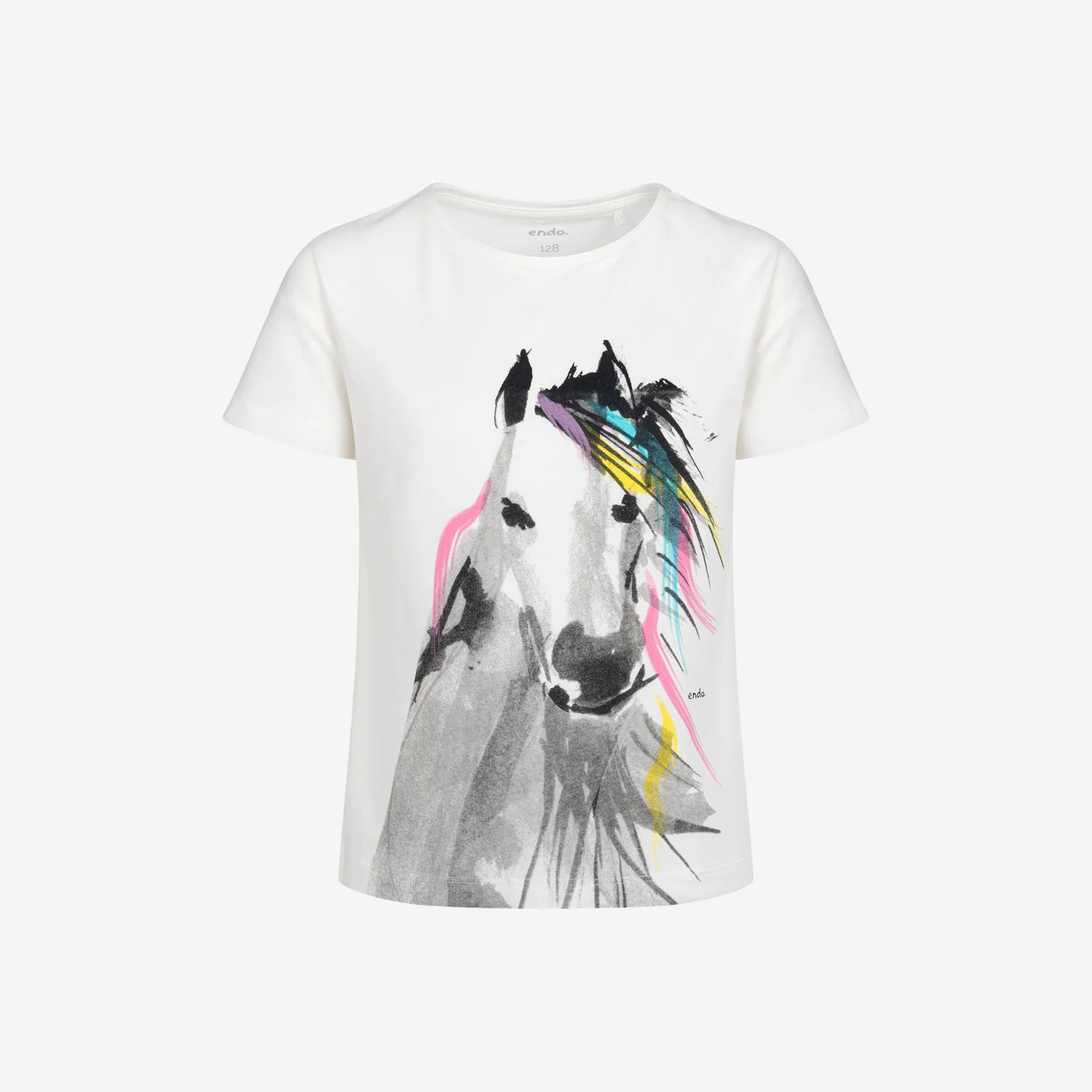 T-shirt z krótkim rękawem dla dziewczynki, z koniem, biały 3-8 lat