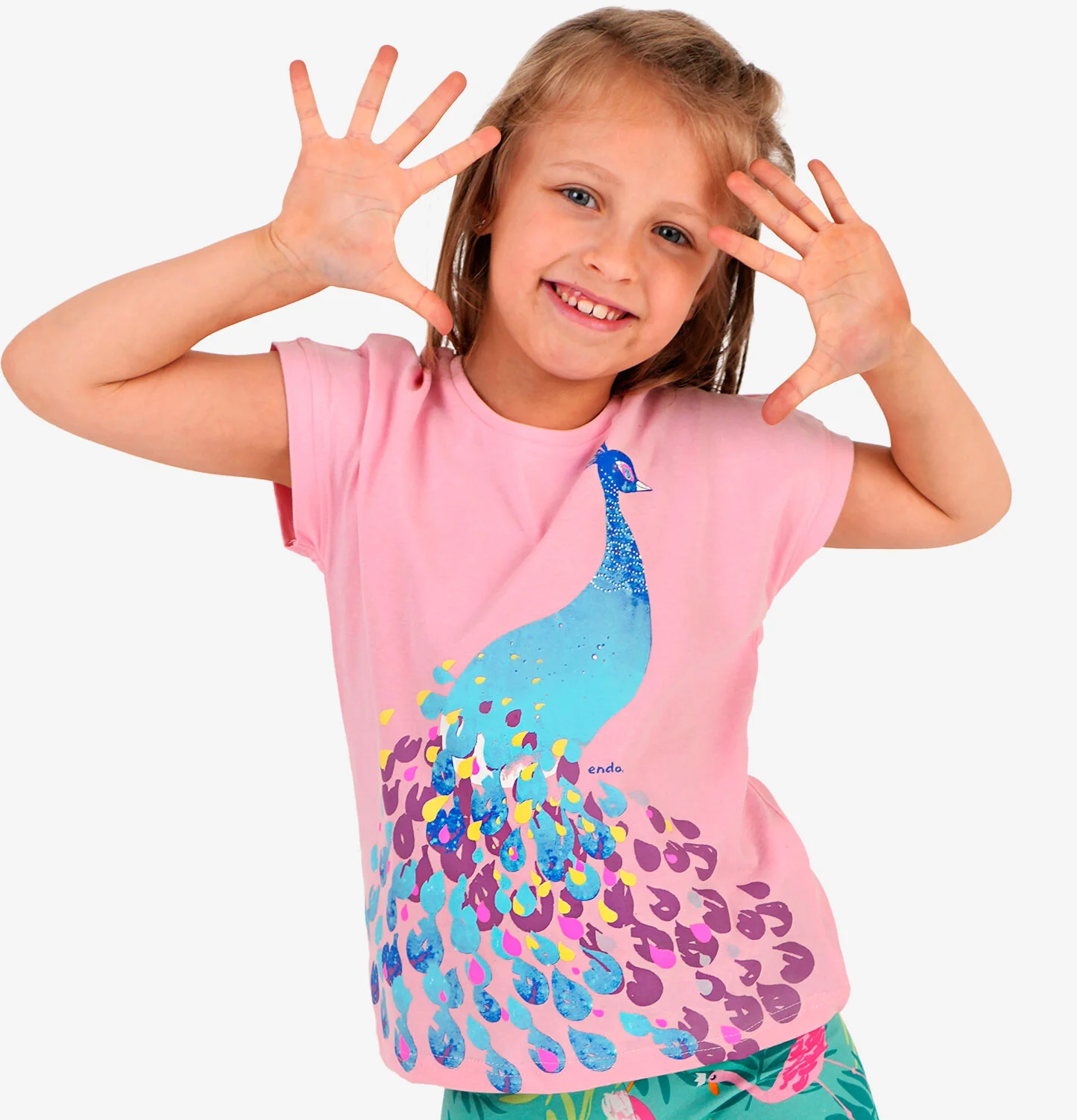 T-shirt z krótkim rękawem dla dziewczynki, z pawiem, różowy 3-8 lat - Image 2
