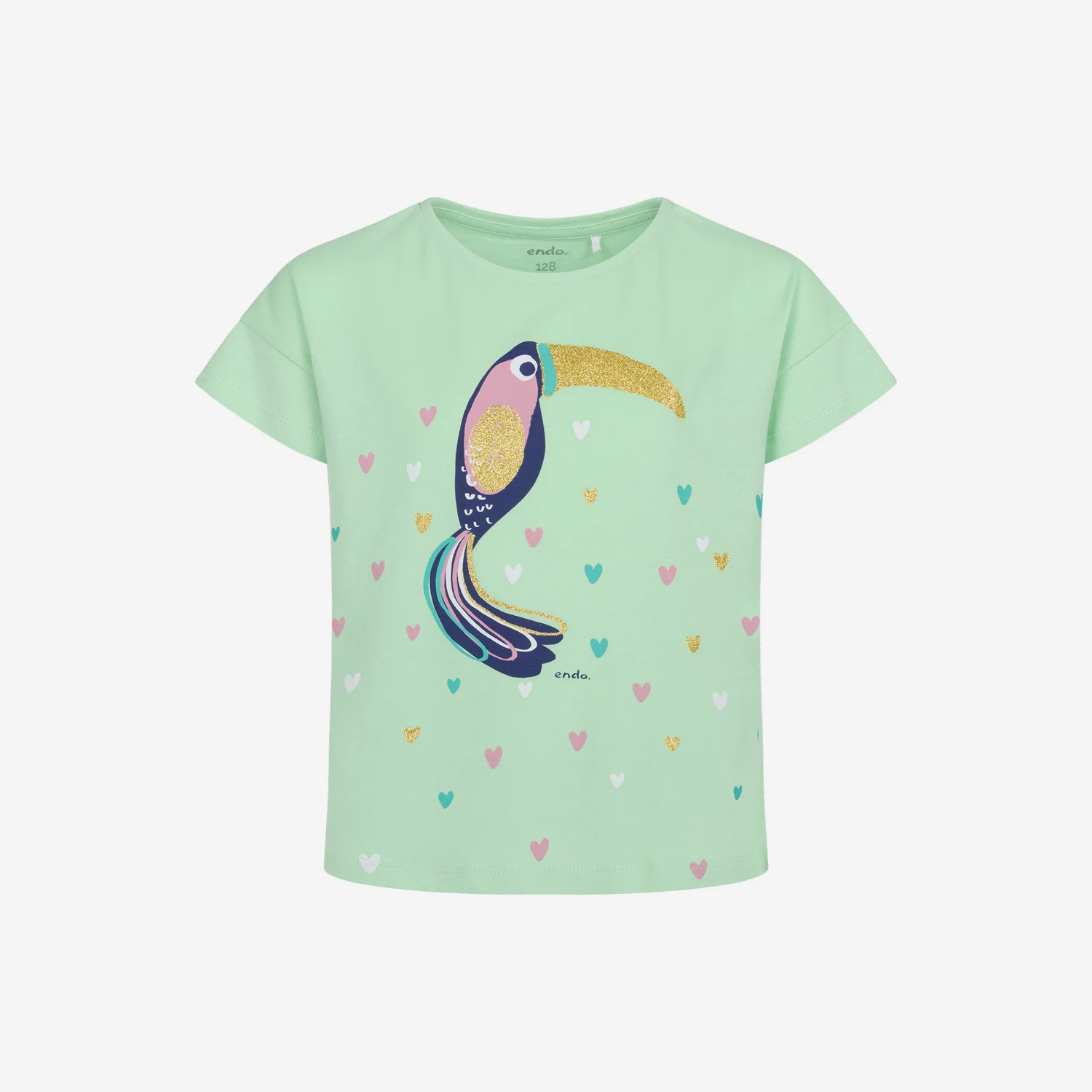 T-shirt z krótkim rękawem dla dziewczynki, z tukanem, zielony 9-13 lat